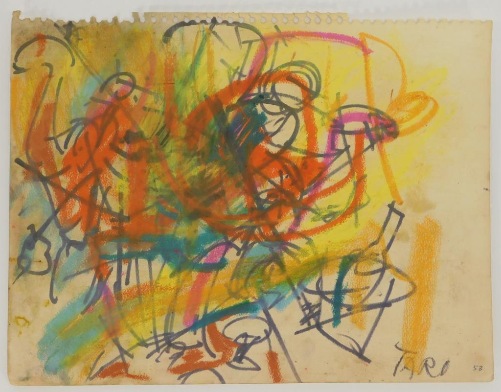 Taro Yamamoto Abstract Expressionist Drawing: California, Connecticut, New York,1919-1994 Taro Yamamoto Untitled expressionist composition of vibrant yellow, teal, red, and purple concentrated around black line figures. Crayon and pencil on paper