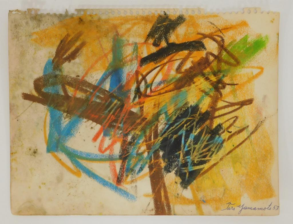 Taro Yamamoto Abstract Expressionist Drawing: California, Connecticut, New York,1919-1994 Taro Yamamoto Untitled expressionist composition of orange, red, yellow, blue, black, and brown melded together. Crayon and pencil on paper,10 1/2" x 13 5/8
