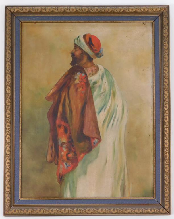 Orientalist Middle Eastern Man Portrait Painting: ,Early 20th Century Realistic painting of a man facing away from the viewer dressed in white with a red swath of fabric over his shoulder decorated with flowers. Oil on tin,Tin panel 16" x 12",Frame 1