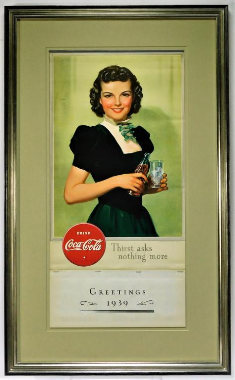 Attr. Bradshaw Crandell Coca Cola Calendar: United States,1896-1966 Attr. Bradshaw Crandell Naturalistic depiction of a young woman in a high collared green dress holding a glass of ice and a bottle of coca cola, "Greetings 1939" is printed on