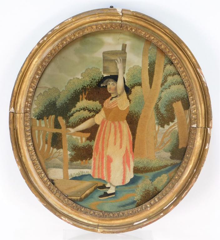 19C Painted and Embroidered Needlework Sampler: United States,19th Century Decorated with a girl carrying a water bucket atop her head utilizing various embroidering techniques with painted features and sky. Watercolor, fabric,Sampler 13 1/4" x 12"