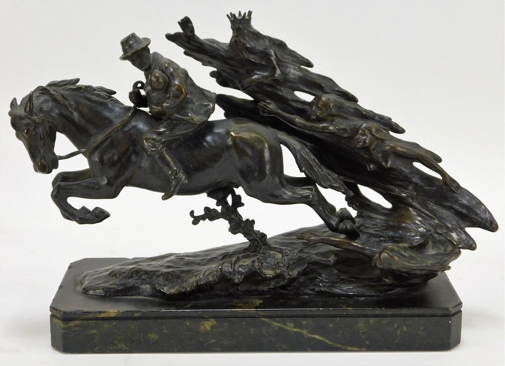Andor Ruff Figural Horse Rider Bronze Statue: Hungary,1885-1951 Andor Ruff Naturalist depiction of a man on horseback holding a young boy, galloping away from ghostly figures chasing them. Bronze, marble,Overall 8 1/4" t x 10 1/2" w x 4 1/4" d, S