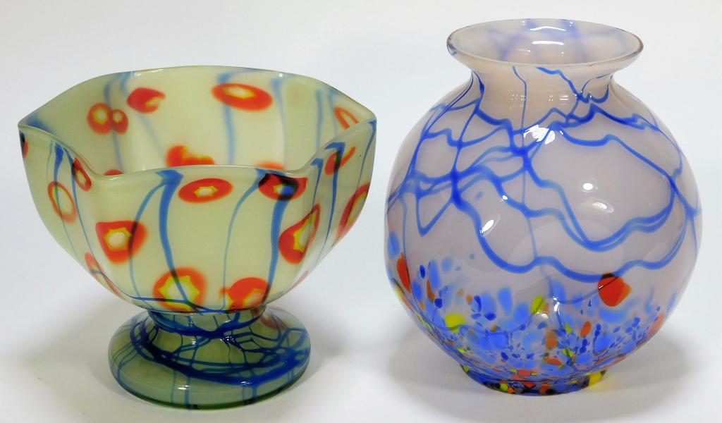 2 Kralik Bohemian Czech Art Glass Vase & Compote: Bohemia,Early 20th Century Includes one pinch body vase with blue lines over confetti splatter over white, and one compote with blue lines over red canes over white glass. Glass,Smallest 5 1/4" x 6 1/