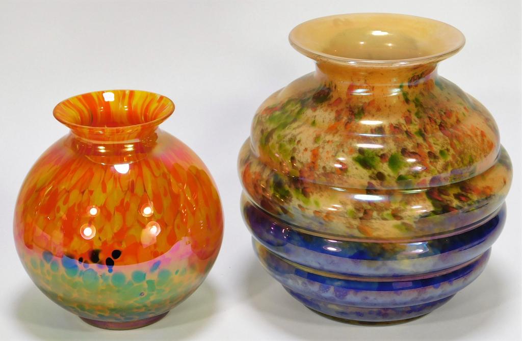 2 Kralik Iridized Bohemian Czech Art Glass Vases: Bohemia,Early 20th Century Lot includes one squat vase with black confetti over orange and yellow splatter, and one beehive vase with blue, green, and orange over cream. Glass,Smallest 6 1/4" x 5" dia
