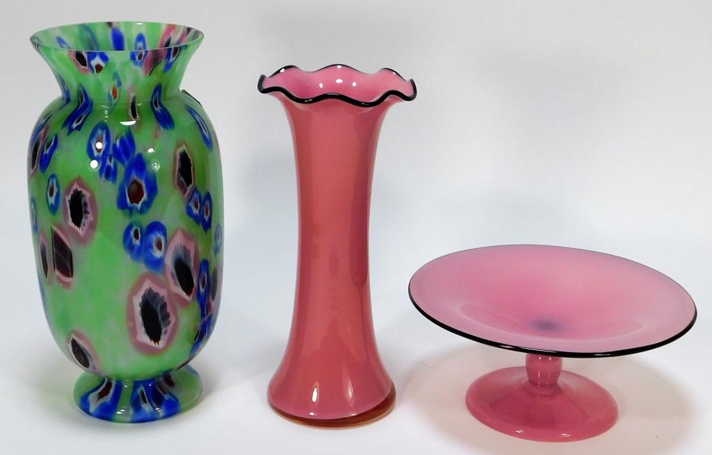 3 Pink Mint Bohemian Czech Art Glass Compote Vase: Bohemia,Early 20th Century Includes one pink compote, one pink frill vase, and one Kralik millefiori pattern with blue and pink canes over mint green. Glass,Smallest 3" x 7" dia.,Largest 9 1/4" x 4" d