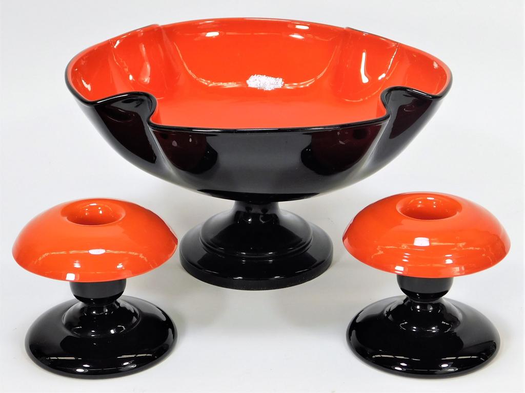 Kralik Red Tango Bohemian Art Glass Console Set: Bohemia,Early 20th Century Includes one compote and a pair of candlesticks. Glass,Smallest 3 1/4" x 3 1/2" dia.,Largest 5" x 9 1/2" All marked "Czechoslovakia" on bottom. From the collection of a Grea