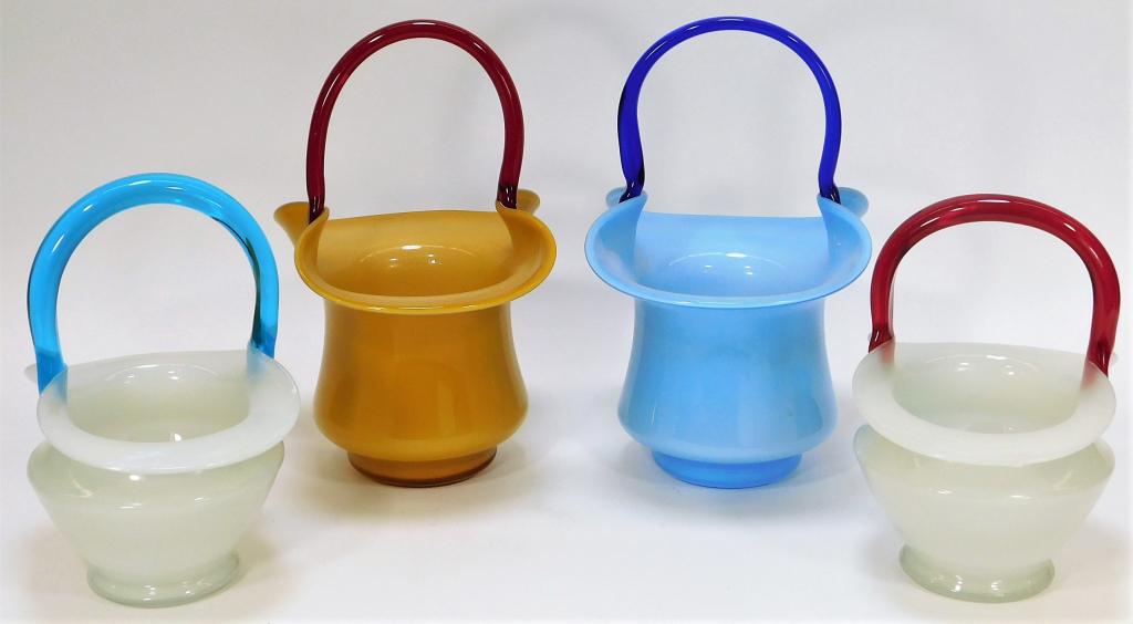 4 Kralik Opaline Bohemian Czech Art Glass Vases: Bohemia,Early 20th Century Includes four basket vases, one with red handle on white, one with blue handle on white, one with red on yellow, and one with navy on light blue. Glass,Smallest 7 3/4" x 6"