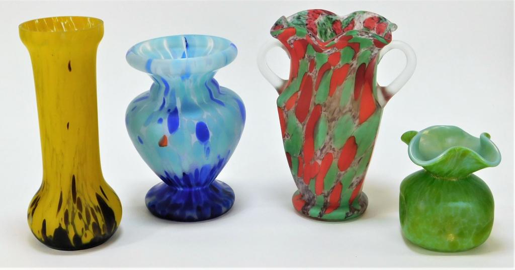 4 Assorted Bohemian Czech Art Glass Vase Group: Bohemia,Early 20th Century Includes one Ruckl blue splatter baluster vase, one Ruckl yellow splatter cylindrical vase, one Ruckl green and red handled vase, and one Loetz Diana squat pinched body vase