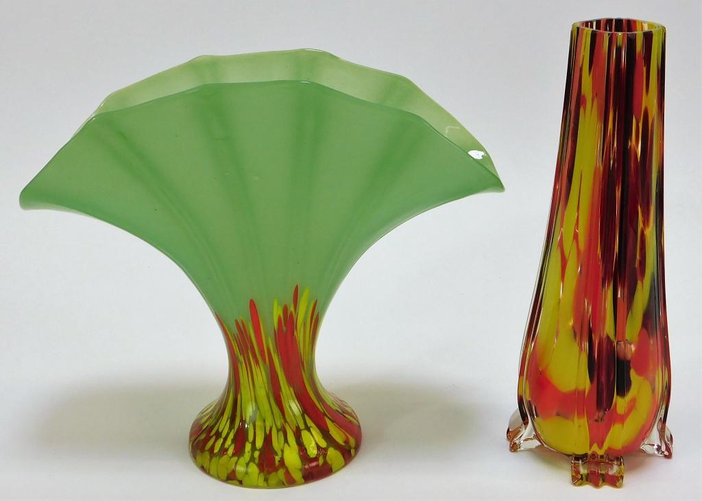 2 Bohemian Czech Splatter Art Glass Vases: Bohemia,Early 20th Century Includes one Welz clear footed splatter vase and one Kralik green fan vase with red and yellow splatter. Glass,Smallest 7 1/2" x 8 1/2",Largest 8" x 3 1/4" dia. Footed vase 