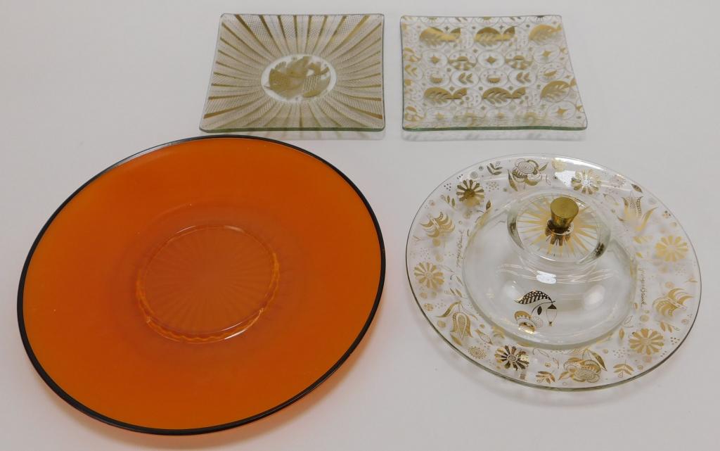 4 American Georges Briard MCM Art Glass Dishware: United States,20th Century Includes one Georges Briard covered dish decorated with flowers, two Georges Briard small dishes decorated with a circle and star burst pattern, and one orange enameled plat