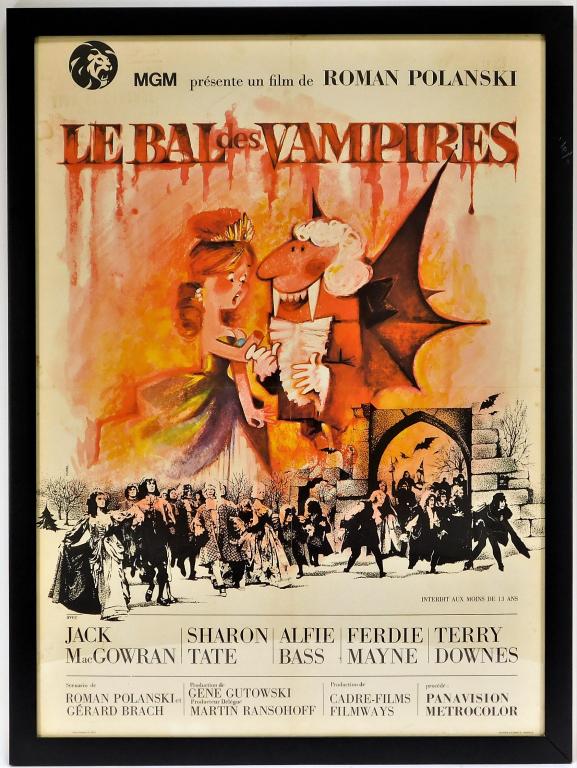 Roman Polanski Le Bal des Vampires Movie Poster: France,1967 French movie poster for Roman Polanski's horror comedy Fearless Vampire Killers printed by Lalande Courbet. The poster features a vampire and a woman dressed in a ball gown with her arm mi