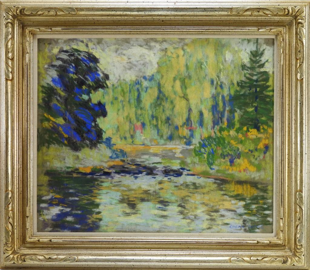 Edgar Payne Garden Pond Landscape Pastel Drawing: California, Missouri,1883-1947 Colorful impressionist depiction of a shapely reflective pond between areas of lush greenery. Payne was mainly a self taught artist except for a brief stint at the Chica