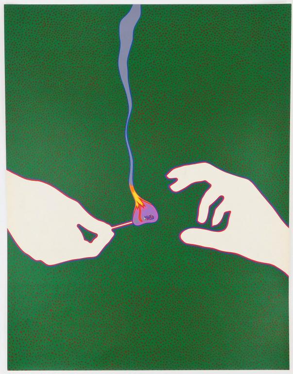 Lucas Samaras Modern Match Pace Print: New York, Greece,b.1936 Depicts two silhouettes of hands, one holding a match lit with a purple frame while the other reaches towards it against a green and red polka dotted ground. Serigraph,18" x 14