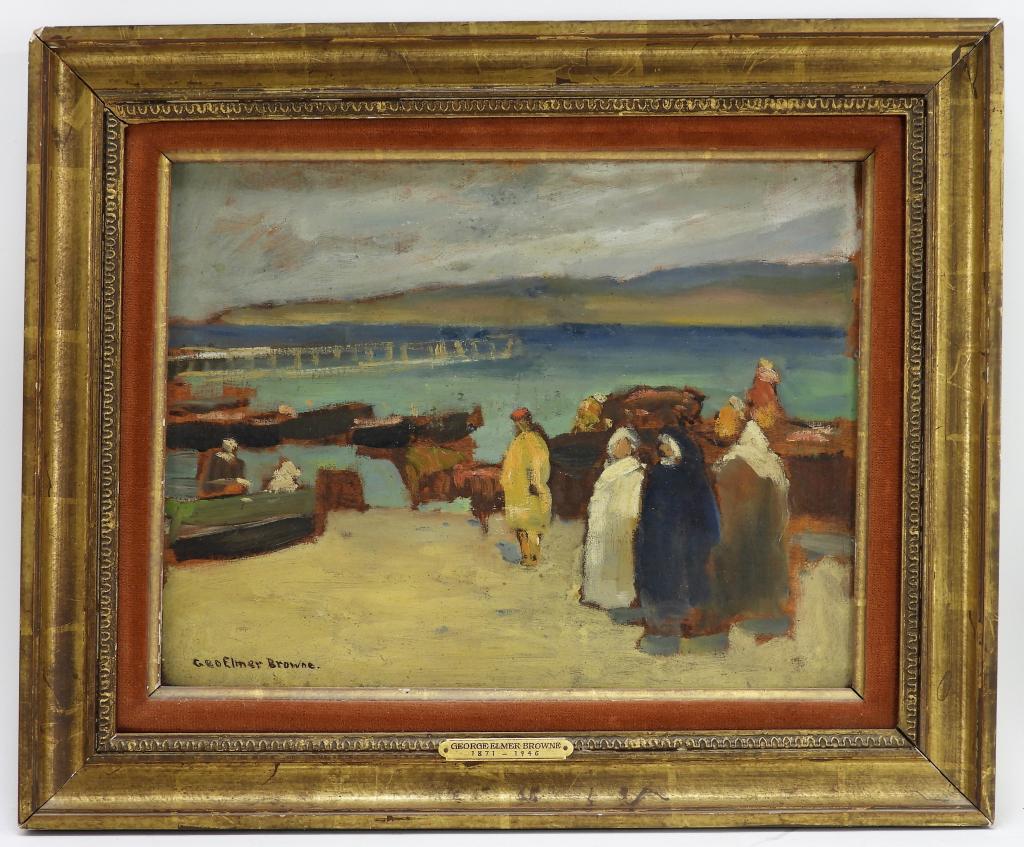 George Elmer Browne Impressionist Beach Painting: Massachusetts, Connecticut,1871-1946 Impressionist depiction of a group of people huddled by boats near a docks along a sandy shoreline. Browne studied at the Museum of Fine Arts and the Cowles School