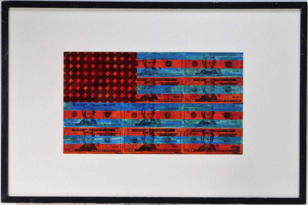 James Bridge American Flag Mixed Media Painting: California,20th Century Bright colored pop art flag made of $20 bill stripes and impressed penny stars. James Bridge focuses on the transparent nature of art while simultaneously depicting the complic