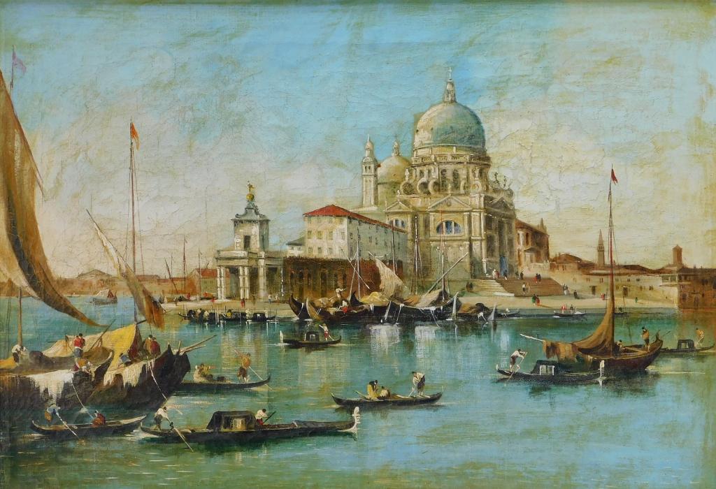 Circle of Giacomo Guardi Salute Church Painting: Italy,19th Century View of the Church of Santa Maria Della Salute from the Grand Canal filled with sailboats. Oil on canvas,Canvas 17 3/4" x 25 1/4",Frame 21" x 29" Annotated "Salute Church" on verso.
