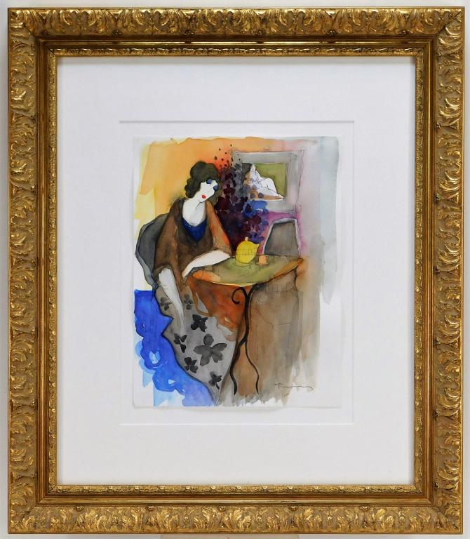 Itzchak Tarkay Elegant Lady Watercolor Painting: Serbia, Israel,1935-2012 Depicts a woman sitting at a small table with a teapot and teacup, glancing sideways towards the viewer. Watercolor on paper,Sight 11 3/4" x 9",Frame 22 1/2" x 19 1/2" Signed 