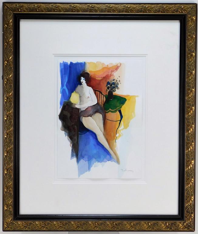Itzchak Tarkay Lounging Nude Watercolor Painting: Serbia, Israel,1935-2012 Depicts a partially nude woman with bare chest seated in a chair with a swath of fabric across her lap. Watercolor on paper,Sight 13 1/2" x 9 5/8",Frame 26 1/2" x 22 1/2" Sign