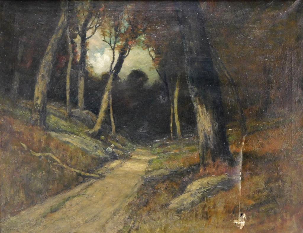 George William Whitaker O/C Landscape Painting: Rhode Island, New York, Massachusetts,1841-1916 Impressionist depiction of a dirt path winding through a dark forested area with only a small patch of sky shining through. Oil on canvas,Canvas 22" x 2