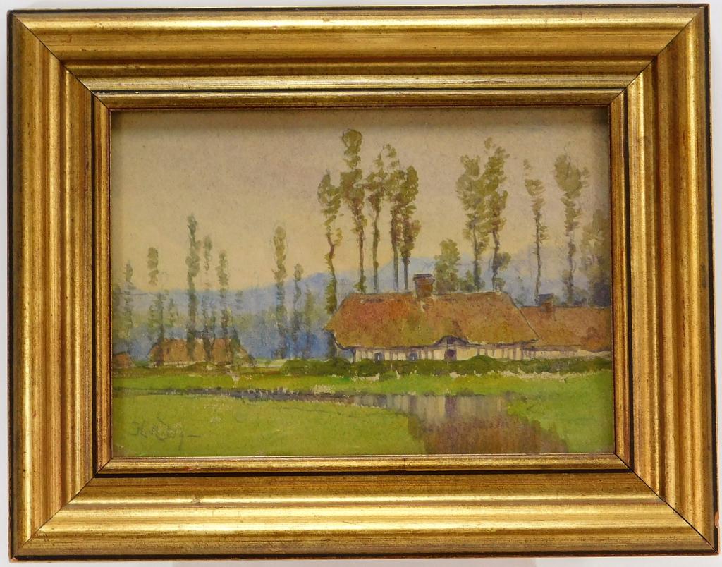 Hezekiah Dyer Impressionist Landscape WC Painting: Rhode Island,1872-1943 Depicts houses separated by sparse trees beside a glassy stream. Dyer studied in both Holland and France and was an active member of the Providence Art Club, Providence Watercol