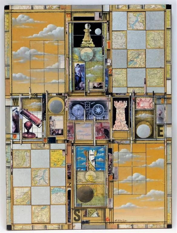 Roderick Slater Map Collage Mixed Media Painting: United States,1937-2019 Rectilinear collage of maps, telescopes, globes, and charts with painted acrylic clouds. Slater was known for his collages and three dimensional creations with works in the col