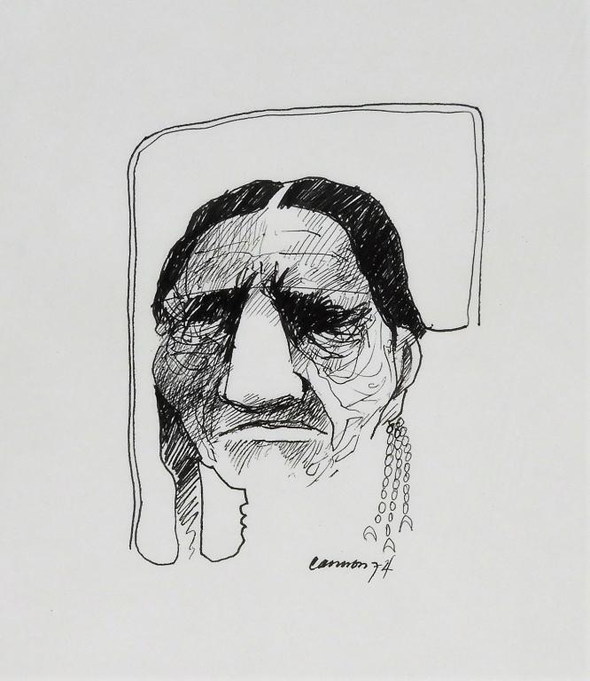 T. C. Cannon Native American Ink Drawing: New Mexico, Oklahoma,1946-1978 Modern portrait of a Native American elder with a stern face formed by expressive lines. Cannon went to the Institute of American Indian Arts in Santa Fe studying with F