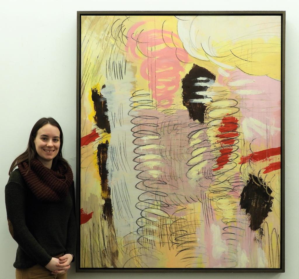 Harley Bartlett Modern Colorful Abstract Painting: United States,20th Century Pale yellow, lilac, and pink meld together as the backdrop for black ringlet spirals. Oil on canvas,60" x 48", Annotated "Verticle Top #39 N. C." on verso From a Providence,