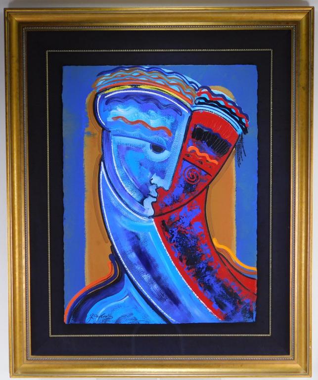 Gaylord Soli Modern Abstract Portrait Painting: California, North Dakota,b.1939 Vibrant expressive depiction of an exaggerated human form comprised of red and blue. Gaylord Soli draws inspiration from Picasso, Tamayo, and Hans Hoffman while simulta