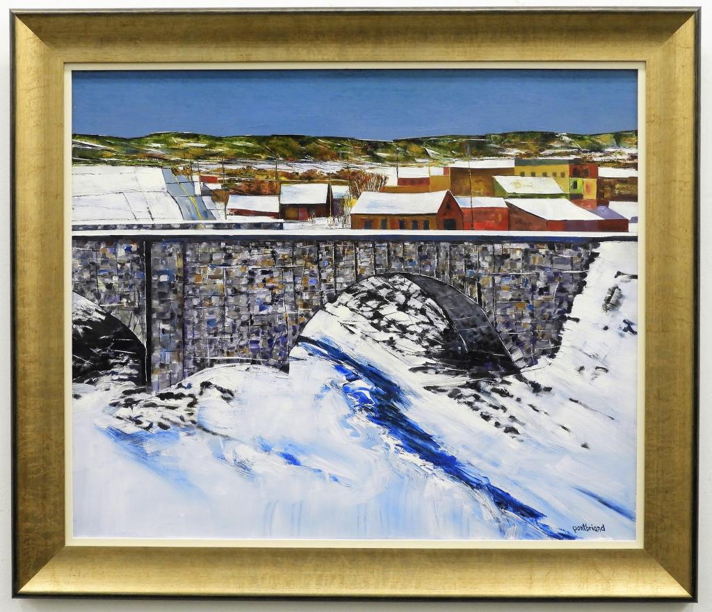 Roger Pontbriand Winter Landscape Painting: United States,d.2012 Depicts a stone bridge over a river with rooftops in the background on a cold winter day. Acrylic on canvas,Canvas 30" x 36",Frame 37" x 43" Signed "Pontbriand" lower right corner