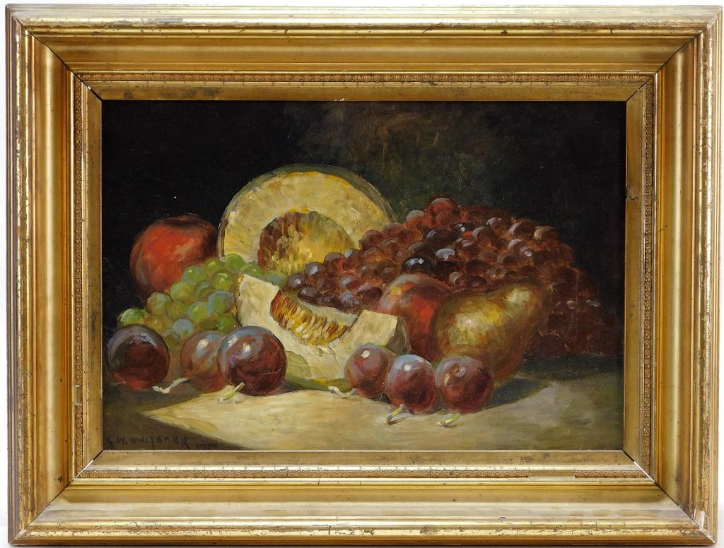 George William Whitaker Fruit Still Life Painting: Rhode Island, New York, Massachusetts,1841-1916 Depicts shiny red and green grapes, plums, and juicy melon laid out on a simple wood table against a stark black background. Whitaker's talent was recog
