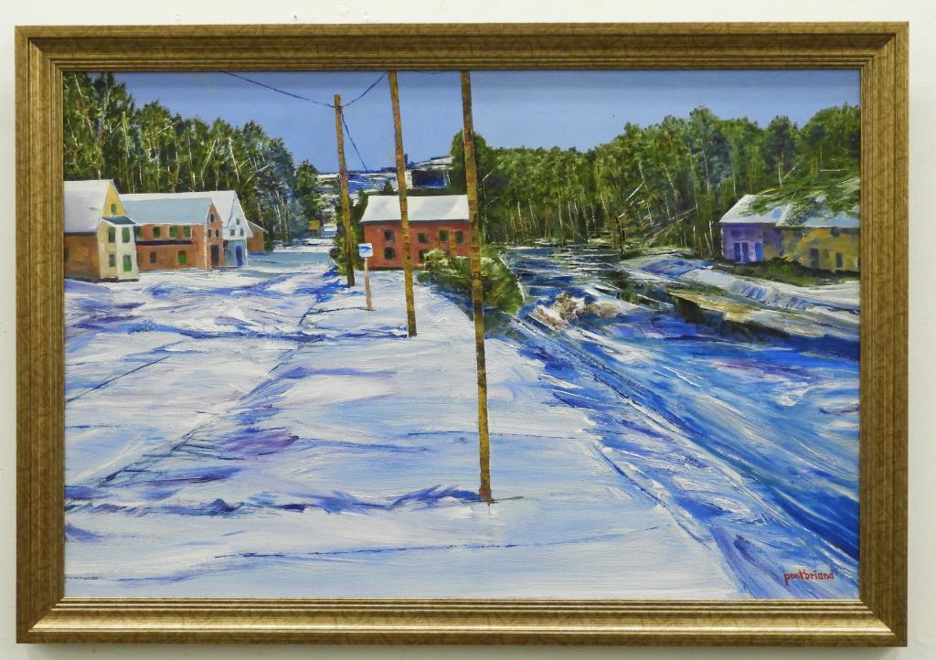 Roger Pontbriand Winter Street Landscape Painting: United States,d.2012 Impressionist street view of an empty road beside a snow covered river lined with telephone poles. Acrylic on canvas,Canvas 24" x 36",Frame 28" x 40" Signed "Pontbriand" lower rig