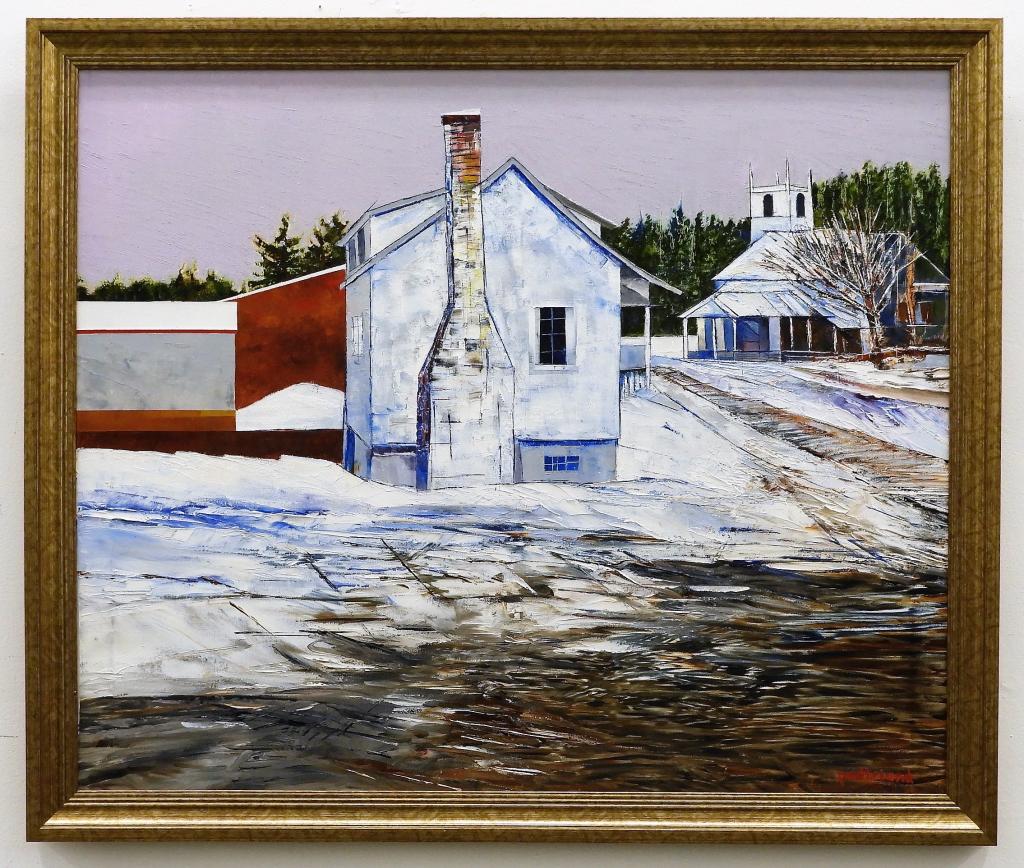 Roger Pontbriand Winter Church Landscape Painting: United States,d.2012 Impressionist country landscape of a dirt road near a farmhouse with a church in the background coated with snow. Acrylic on canvas,Canvas 30" x 36",Frame 33 1/2" x 39 1/2" Signed