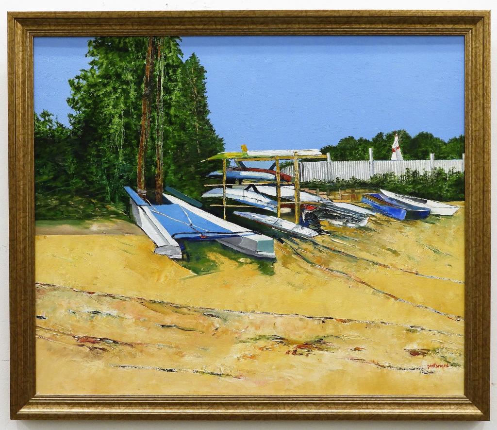 Roger Pontbriand Summer Beach Painting: United States,d.2012 Impressionist depiction of boats resting on the sandy shore of a beach on a bright summer day. Acrylic on canvas,Canvas 30" x 36",Frame 34" x 40" Signed "Pontbriand" lower right c