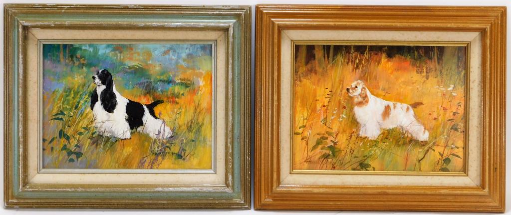 2 Howard Connelly Springer Spaniel O/B Paintings: Rhode Island,1903-1990 Two works, one of a cream and gold Springer Spaniel and the other black and white posed in tall grass. Oil on board,Board 9" x 12",Frame 14" x 17" One signed "Howard Connelly" t