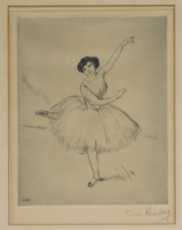 Louis Kronberg Impressionist Ballet Dancer Etching: United States, France,1872-1965 Depicts a ballerina dressed in a large billowing skirt captured in a dynamic pose. Kronberg has been referred to as the "American Degas," well known for his images of b