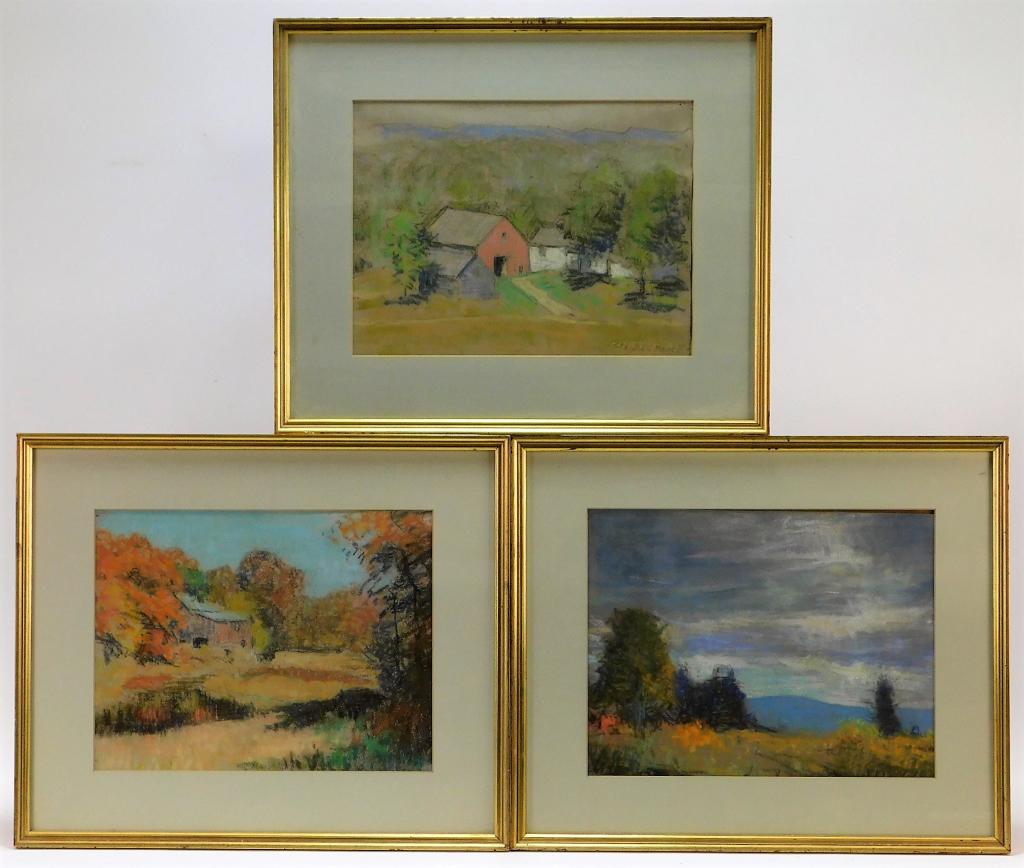 3 Charles Henry Richert Landscape Pastel Drawings: Maine, Massachusetts,1880-1974 Includes three impressionist New England landscapes, two depicting autumnal forests and one of a farmhouse. Pastel on paper,Sight 9" x 12",Frame 14 5/8" x 17 3/4" Two si