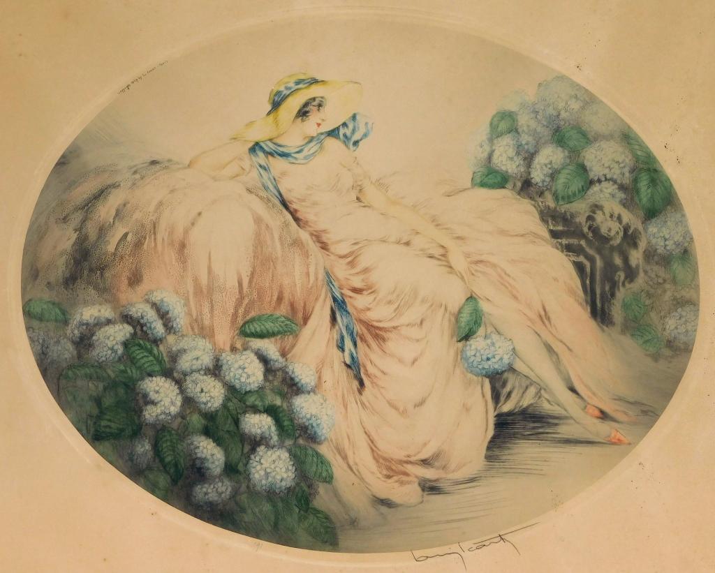 Louis Icart La Dame en Rose Lithograph: France, New York,1888-1950 Depicts a sensuous young woman dressed in an elegant pale pink dress resting amongst blue hydrangeas. Icart is well known for his portrayal of beautiful women in romantic, o