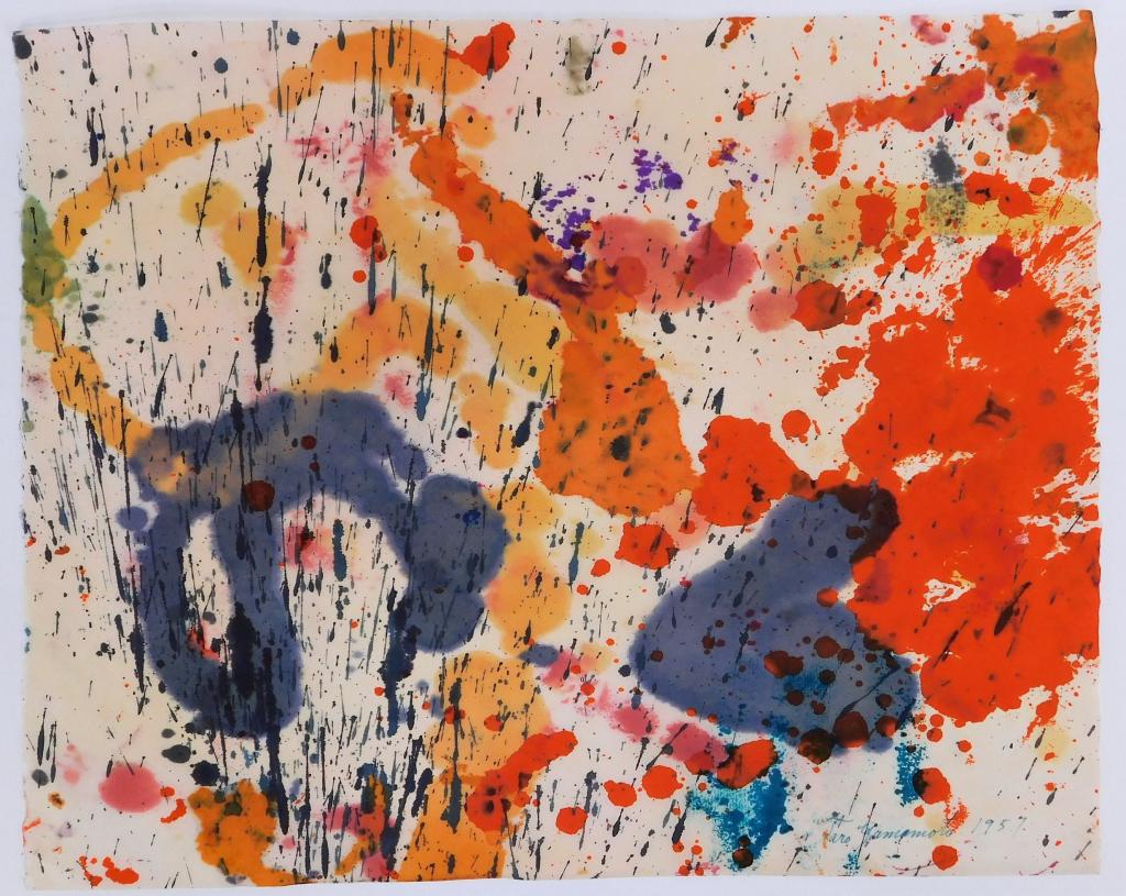 Taro Yamamoto Abstract Expressionist WC Painting: California, Connecticut, New York,1919-1994 Untitled expressionist composition of red, orange, blue, and turquoise accented with tight black splatter throughout. Watercolor on paper,19 1/4" x 24 1/4",