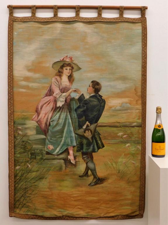 LG 18C American Hand Painted Wall Tapestry: United States,Dated 1741 Romantic depiction of a gentleman holding a tricorner hat behind his back while he offers a hand of support to a young lady dressed in pink and blue, cheekily showing off her 