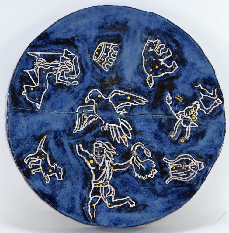 MCM Modern Greek Constellations Art Pottery Plaque: ,20th Century Modern yet whimsical depiction of numerous constellations including Lyra, Corona Borealis, and Aquila among others. Pottery,2 1/2" x 18" dia., From the collection of a Medfield, Massachu
