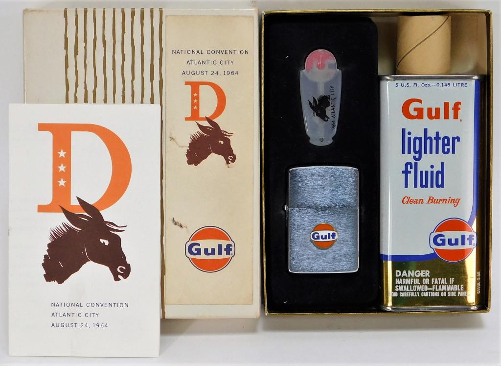 1964 Democratic National Convention Zippo Lighter: United States,Dated 1964 Presented by Gulf to the Atlantic City delegate members, includes lighter case with gulf logo, lighter insert, and lighter fluid with instructions and letter to the delegates 