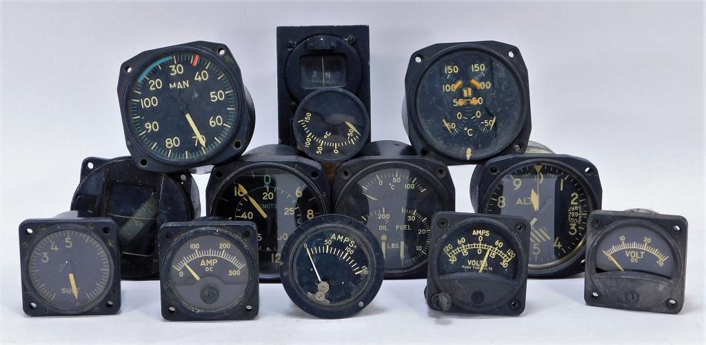 13 American WWI to Vietnam War Aviation Gauges: United States,20th Century Includes various pressure and temperature gauges ranging from WWI to the beginning of the Vietnam War. Metal, glass,Smallest 1 3/4" x 2 1/2" dia.,Largest 6 1/2" x 4" dia. On