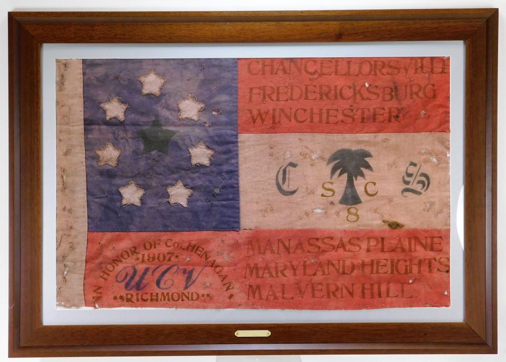 8th South Carolina Confederate Veterans Banner: United States,Dated 1907 Eight star three striped United Confederate Veteran Encampment banner honoring the 8th South Carolina Volunteer Infantry's commander Col. J. W. Henagan, decorated with a stenc