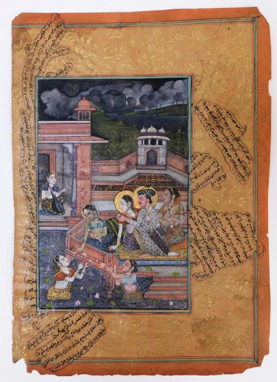 Indian Caligraphic Miniature Court Scene Painting: India,20th Century Central image depicting two figures with halos surrounded by women wading in a shallow pool filled with lotus blossoms with gold botanical drawings and calligraphy throughout the pa