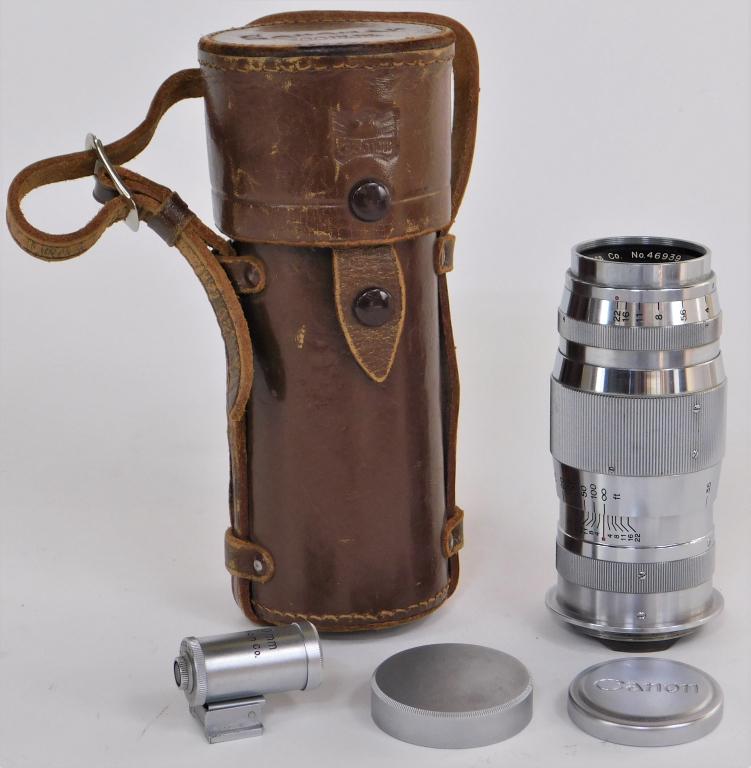 Canon Serenar Lens 100mm f/4, for Leica L39 LTM: Canon Serenar lens 100mm f/4, for Leica L39 LTM mount. Includes matching leather case, lens 100mm viewfinder, and lens caps. Condition: Barrel may have slight wear but only visible under close inspect