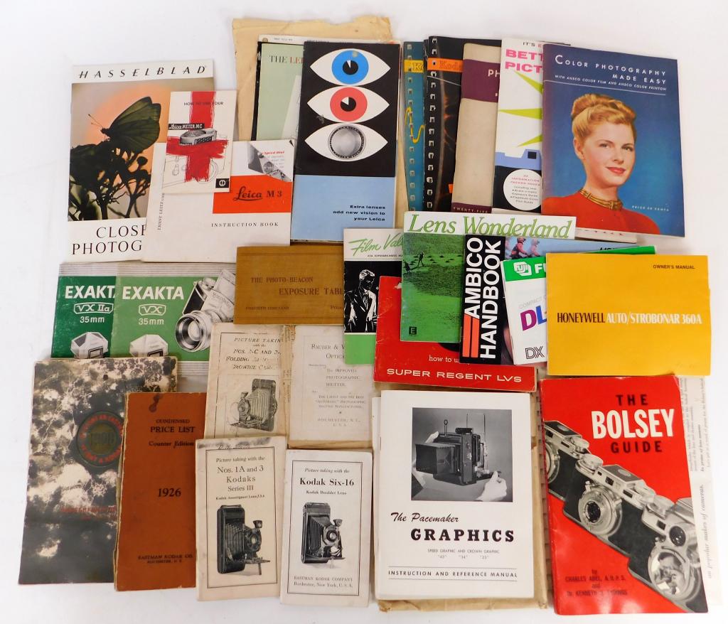 Lot of Vintage Photographic Manuals: Lot of vintage Photographic Manuals, Hasselblad, Leica, Kodak, Exakta, most in good condition, 1900 Kodak manual with w/ chipping, losses and stains.