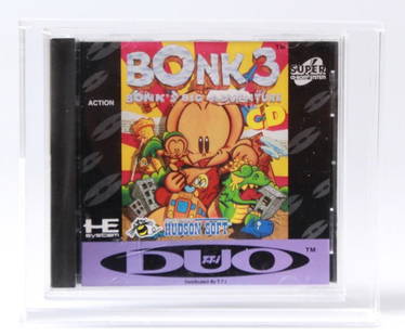 1993 TTI Duo Turbo Grafix Super CD Bonk 3 CAS 80: United States,1993 1993 Hudson Soft TTI Duo Turbo Grafix Super CD-ROM2 System Bonk 3: Bonk's Greatest Adventure loose complete video game. A very rare game to find in complete graded condition. CAS