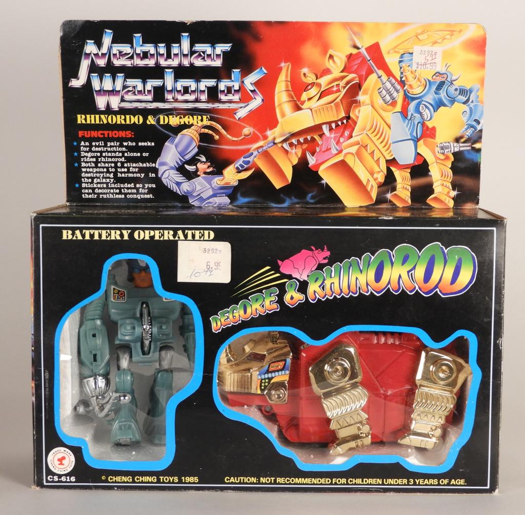 Nebular Warlords Degore Rhinorod Starriors KO Toy: Taiwan,1985 Box C8+ with light shelf wear, corner and edge wear with subtle creasing, weak flap, otherwise display beautifully. Toy C8.5 showing minimal signs of play wear, near perfect gold and silve