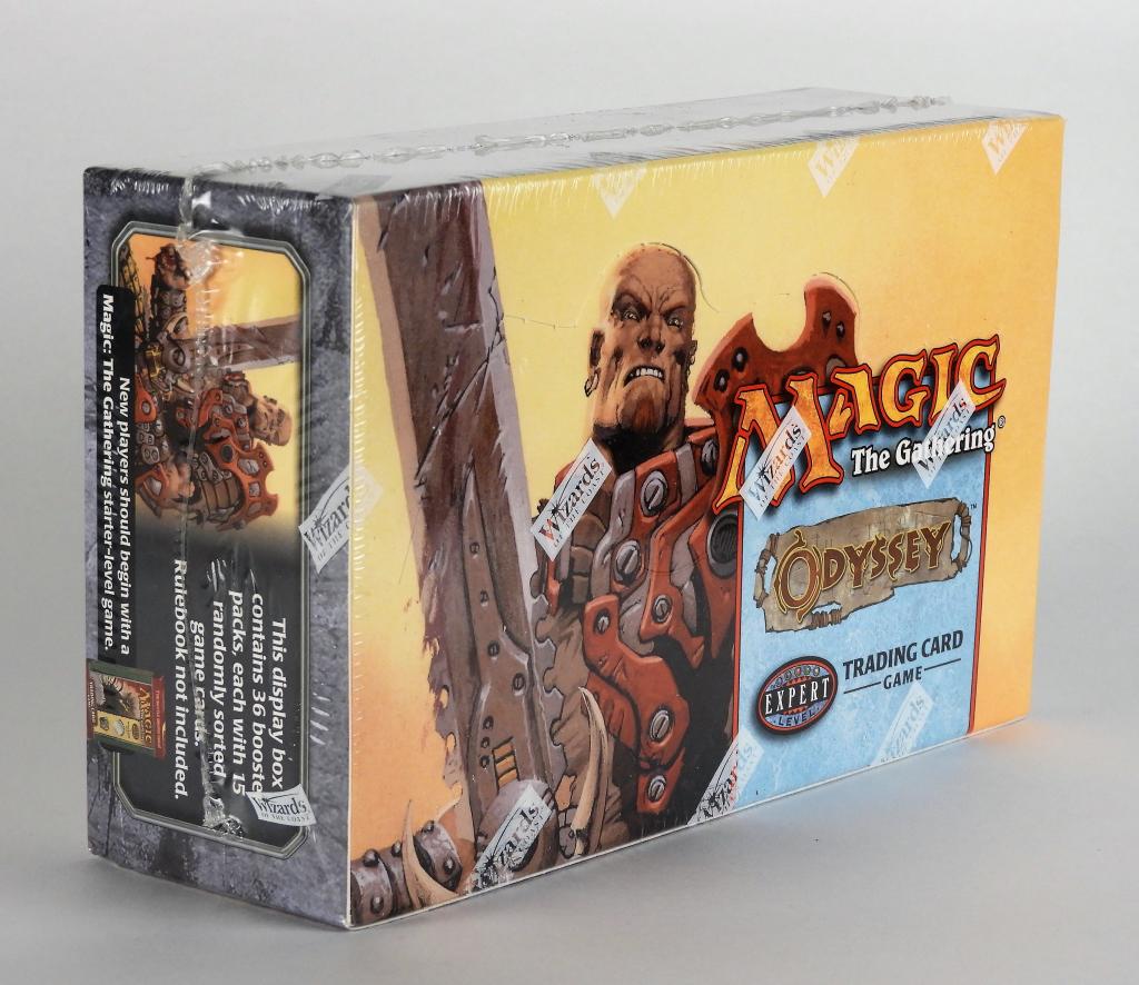 2001 Magic The Gathering Odyssey TCG Booster Box: United States,2001 2001 Wizards of the Coast Magic: The Gathering Odyssey factory sealed booster box. Box with minimal shelf wear and intact WOTC cellophane wrap.,Box 2 1/2" x 8" x 4 3/4" Domestic shi