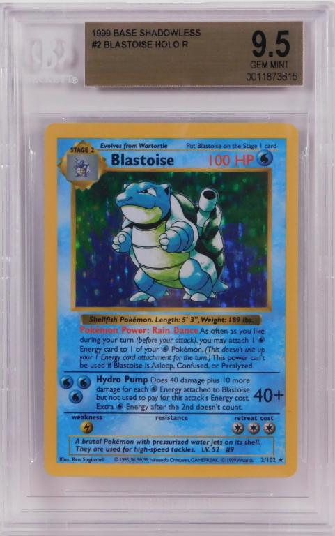 1999 Pokemon Base Shadowless Blastoise BGS 9.5: United States,1999 1999 Pokemon Base Shadowless Blastoise holographic trading card, BGS 9.5 Gem Mint. Per the Beckett Population Report 8 in 9.5, 0 higher.,BGS case 5 1/8" x 3 1/4" Domestic shipping t